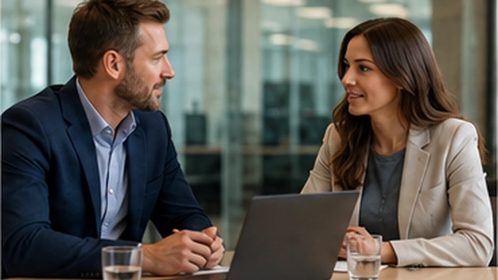 Two recruitment professionals discussing a partnership arrangement
