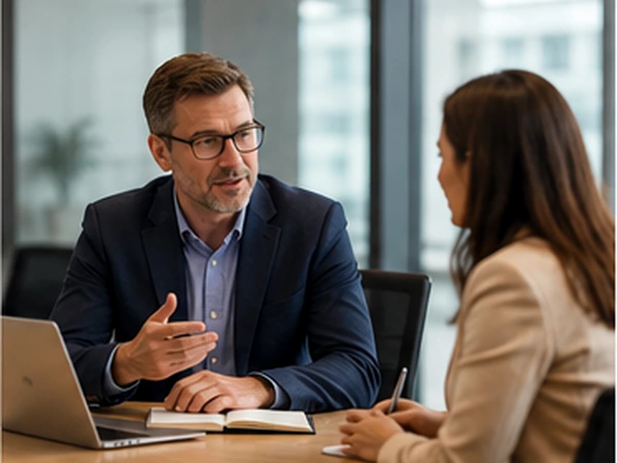 UK hiring manager discussing recruitment requirements in a structured consultation