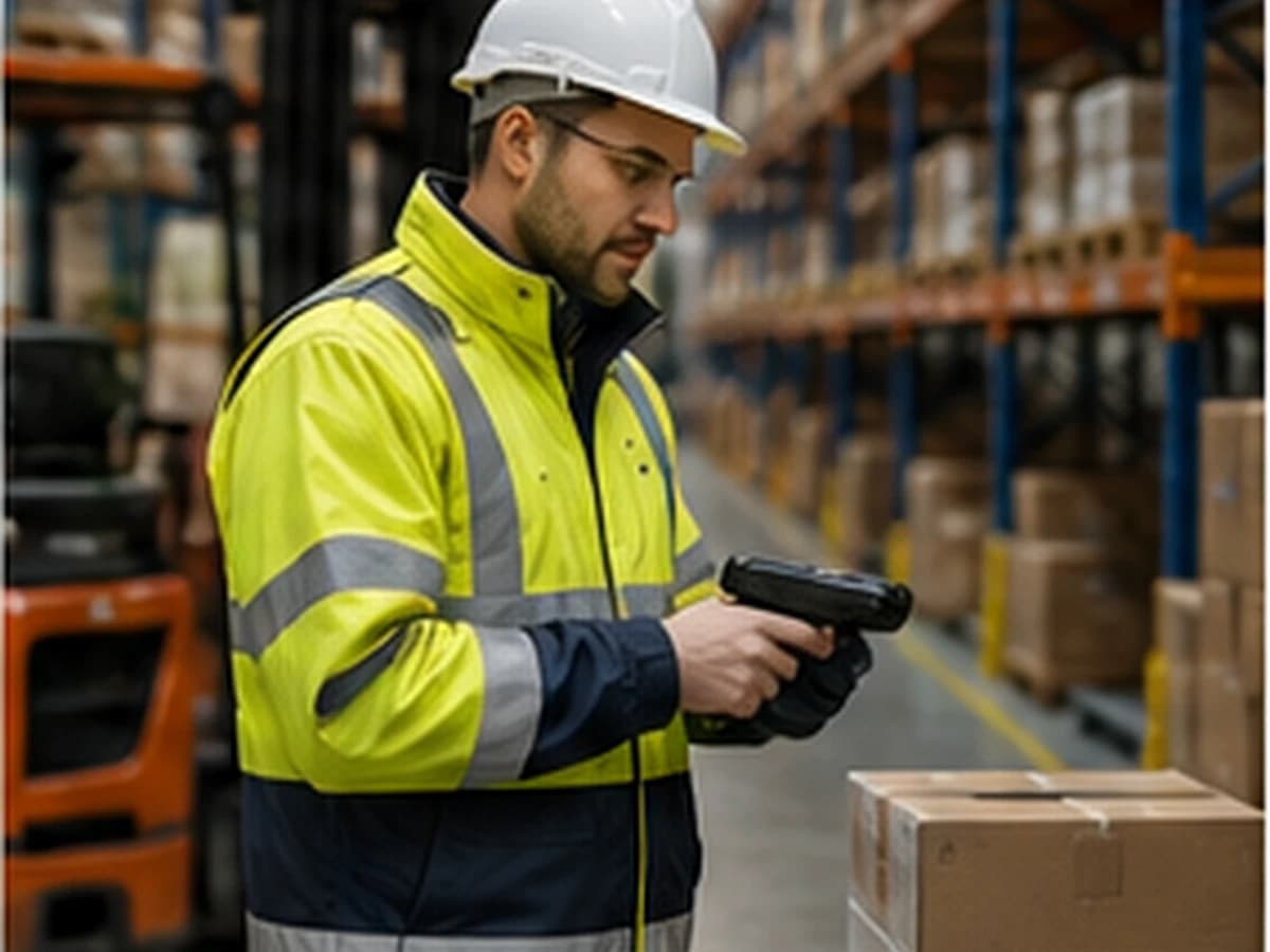 Logistics and construction worker in a UK warehouse or site setting