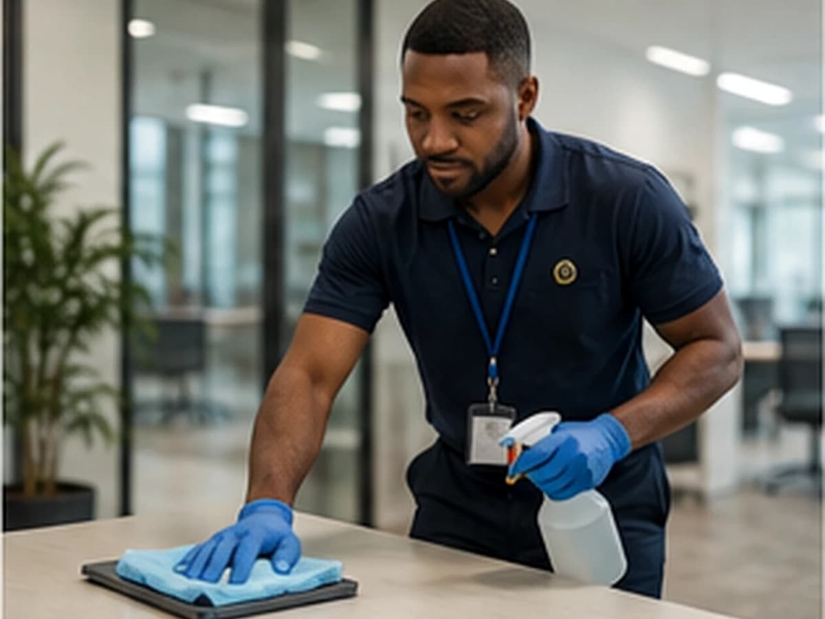 Office, security or building-services professional in a UK workplace setting